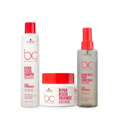 Produtos da linha Bonacure da Schwarzkopf Professional, incluindo shampoo, spray condicionador e tratamento para cabelos danificados, em embalagens brancas e vermelhas.