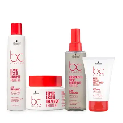 Produtos da linha Bonacure da Schwarzkopf Professional, incluindo shampoo, spray condicionador, tratamento e selante para pontas. Embalagens em tons de branco e vermelho, com rótulos e textos indicando os benefícios dos produtos.