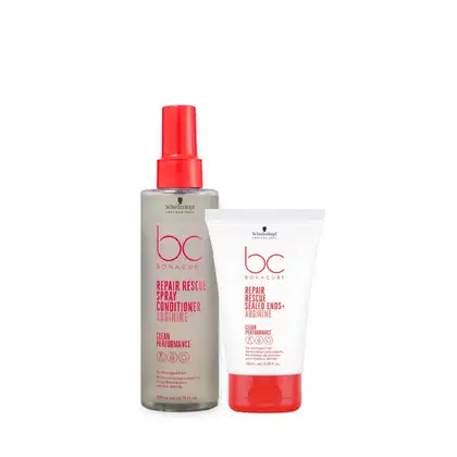 Dois produtos da linha Bonacure da Schwarzkopf Professional: um frasco de spray condicionador de reparação e uma embalagem de creme de tratamento para pontas. Ambos apresentam embalagens com cores predominantes de vermelho e branco.