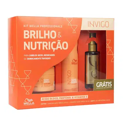 Kit Wella Professionals Brilho & Nutrição, contendo 1 máscara Nutri-Enrich 150ml, 1 shampoo Nutri-Enrich 250ml e 1 óleo de reflexos 100ml, em embalagem laranja e dourada.