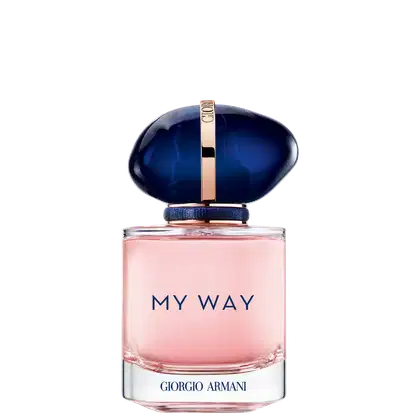 Frasco de perfume da linha "My Way" da Giorgio Armani, com tampa oval e detalhes em dourado, apresentando o nome da marca em destaque.