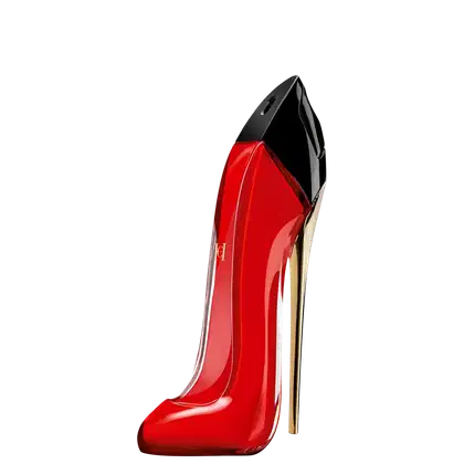 Perfume feminino em frasco de vidro vermelho brilhante com formato de salto alto. O design elegante e ousado é característico da marca de moda e fragrâncias Carolina Herrera.