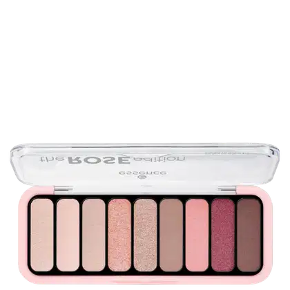 Paleta de sombras nude com 10 cores em tons de rosa, marrom e borgonha. Embalagem compacta retangular com tampa transparente que mostra as cores.