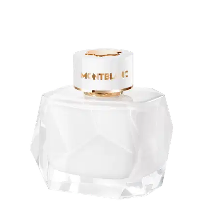 Perfume em frasco de vidro transparente com formato geométrico facetado. O design é minimalista e elegante, característico da marca de luxo Montblanc.