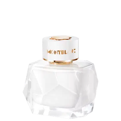 Perfume em frasco de vidro transparente com formato geométrico facetado. O design é minimalista e elegante, característico da marca de luxo Montblanc.