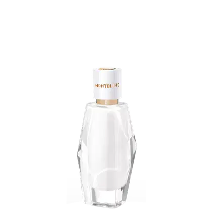 Perfume em frasco de vidro transparente com formato geométrico facetado. O design é minimalista e elegante, característico da marca de luxo Montblanc.