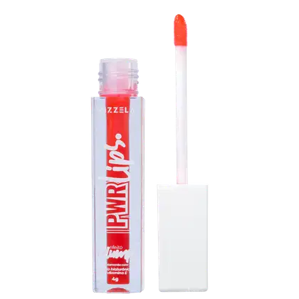 Frasco de plástico transparente contendo um produto labial de cor vermelha vívida, com o nome "Lip Wrinkle" impresso em letras brancas. O aplicador do produto é visível na parte superior do frasco.