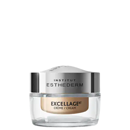 Frasco de creme Excellagent da marca Institut Esthederm, com embalagem de vidro transparente e rótulo em preto e branco destacando o nome do produto.
