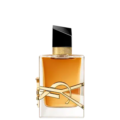 Frasco de perfume Yves Saint Laurent com design elegante em preto e dourado. Recipiente de vidro transparente contendo líquido âmbar, com tampa e detalhes metálicos dourados. Rótulo com logotipo da marca em destaque.