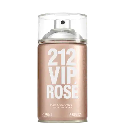 Frasco de body spray Carolina Herrera 212 VIP Rose, com embalagem em tons de rosa e branco, contendo 250 ml do produto.