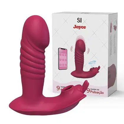 Vibrador rosa com 9 modos de vibração, embalado em caixa branca com logotipo "Sexy Import Joyce" e informações sobre o produto. Possui formato anatômico e textura aveludada.