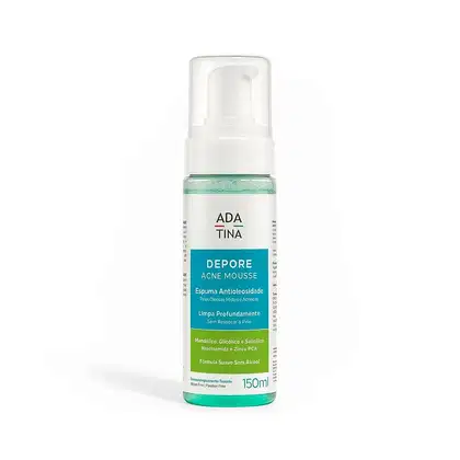 Frasco de espuma antiacne da marca Ada Tina, com bomba dosadora, em embalagem branca e verde, contendo 150ml do produto "Depore Acne Mousse" com fórmula suave sem álcool.