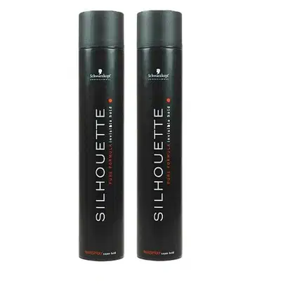 Dois frascos pretos de spray fixador da marca Schwarzkopf Professional, com o nome "Silhouette" impresso em letras brancas e 300 ml cada. Os frascos possuem um design cilíndrico e compacto.