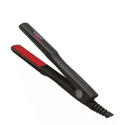 Prancha de cabelos da marca Taiff. Trata-se de um aparelho elétrico de cor preta com detalhes vermelhos, com um design alongado e estreito. O nome da marca "Taiff" está claramente visível no corpo do aparelho.