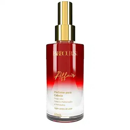 Frasco de perfume para cabelo da marca Barbour's Beauty, em formato cilíndrico com tampa dourada, contendo um líquido vermelho brilhante. O rótulo apresenta o nome "Affair" em destaque.