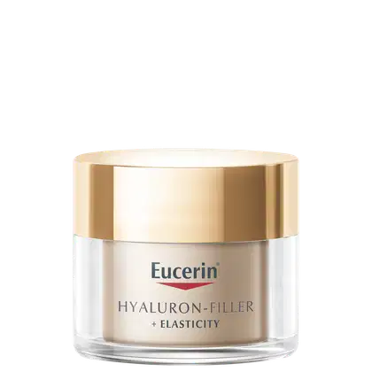 Frasco de creme facial da marca Eucerin, com tampa dourada e rótulo em branco e azul, contendo a inscrição "Hyaluron-Filler + Elasticity".