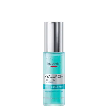 Frasco de sérum hidratante da marca Eucerin, com rótulo em azul claro e texto "Hyaluron-Filler + 3x Effect Serum Hydra Boost" em branco.