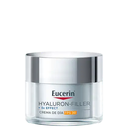 Frasco de creme facial Eucerin Hyaluron-Filler + 3x Effect com FPS 30, embalagem branca e prata, rótulo com nome da marca e produto.