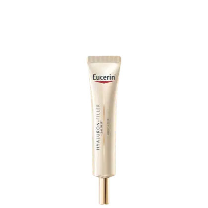 Bisnaga de item de perfumaria da marca Eucerin, com rótulo em tons de azul e vermelho, contendo texto "Hyaluron-Filler" e "Olhos Pró".