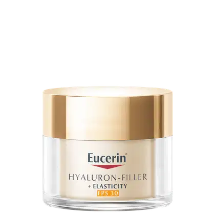 Frasco de creme facial da marca Eucerin, com tampa dourada e rótulo branco, contendo informações sobre o produto "Hyaluron-Filler + Elasticity FPS 30".