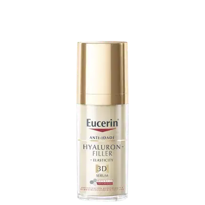 Frasco de vidro dourado com rótulo branco e vermelho da marca Eucerin, contendo um soro antienvelhecimento com ácido hialurônico e elasticidade, indicado para tratamento da pele.