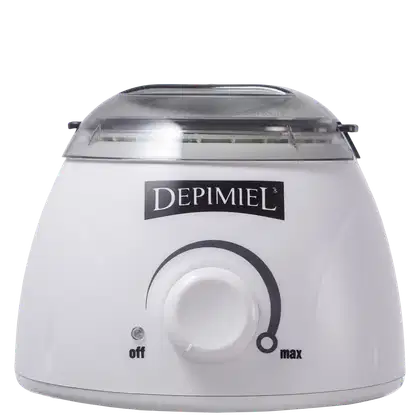 Aparelho de depilação elétrico da marca Depimiel, com design compacto e branco, com botão de controle de intensidade e indicação de "off" e "max" na interface.