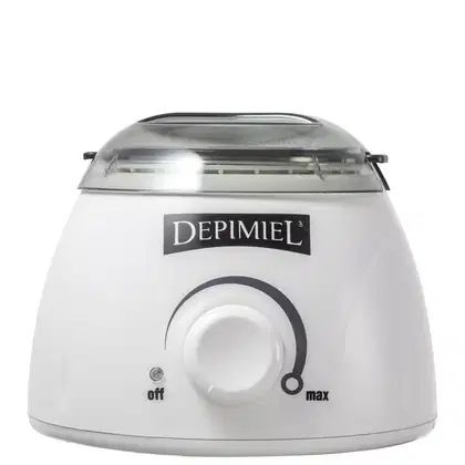 Aparelho de depilação elétrico da marca Depimiel, com design compacto e branco, com botão de controle de intensidade e indicação de "off" e "max" na interface.
