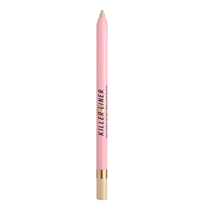 A imagem mostra um lápis de olho nude com embalagem rosa com detalhes dourados na base. Embalagem alongada com o nome da linha Killer Liner está impresso ao longo do corpo do lápis.