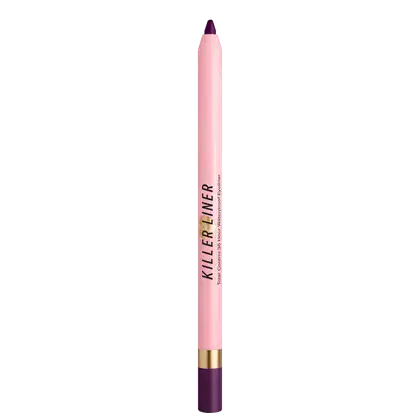 A imagem mostra um lápis de olho roxo. O lápis é alongado e possui uma ponta afiada em roxo. O corpo do lápis é rosa claro e tem o nome da linha "Killer Liner". Na parte inferior, há um detalhe dourado que parece ser a base do lápis.