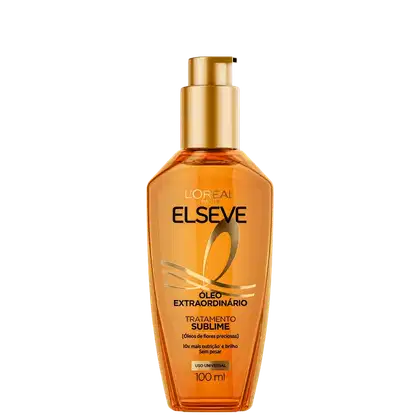 Frasco de óleo capilar da marca L'Oréal Elseve, com embalagem em tom laranja e dourado. 