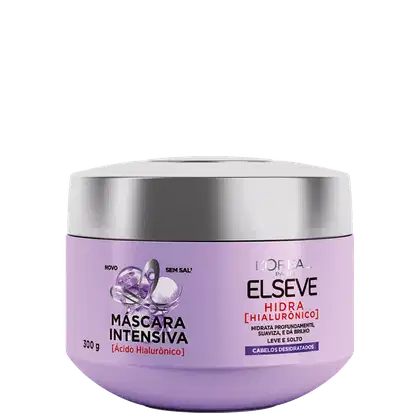 Embalagem de máscara capilar Elseve Hidra Hialurônico, em pote plástico de cor lilás, com rótulo destacando os benefícios do produto para cabelos desidratados.