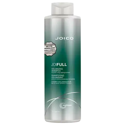 Frasco de shampoo volumizante da linha Joifull da Joico, com embalagem em tons de verde e branco, destacando o selo de originalidade e informações sobre o produto.