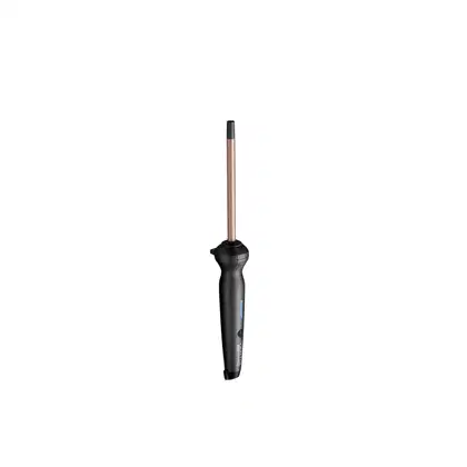 Modelador de cabelos da marca Vertix. Trata-se de um dispositivo elétrico com um corpo preto e um tubo de metal rosa. Possui um botão de controle e um cabo de alimentação. O design é simples e minimalista, com uma aparência moderna e funcional.