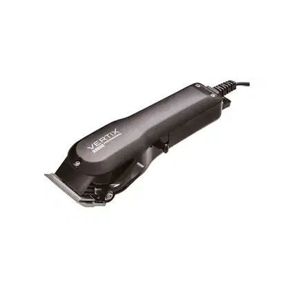Máquina para cortar cabelo. Possui um design compacto e preto, com um cabo de alimentação conectado. O nome da marca "Vertix" está claramente visível no corpo do aparelho.