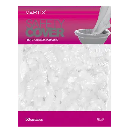 Caixa rosa com o texto "VERTIX SAFETY COVER" e "PROTETOR BACIA PEDICURE", contendo 50 unidades de protetores descartáveis para pedicure em plástico transparente.