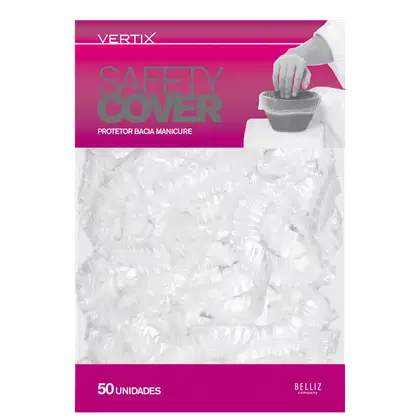 Embalagem de plástico transparente contendo 50 unidades de protetores de mãos para manicure da marca Vertix, com texto "Safety Cover" e logotipo da marca em fundo rosa.