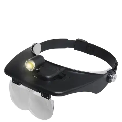 Lupa de pala com luz LED, estrutura preta e ajuste de tamanho, com protetor facial transparente. Dispositivo de ampliação e iluminação para trabalhos de precisão.