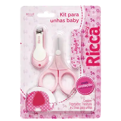 Kit de manicure para bebês contendo cortador de unhas, tesoura e lixas de unha em embalagem rosa com estampa de bolinhas e texto em português "Kit para unhas baby".