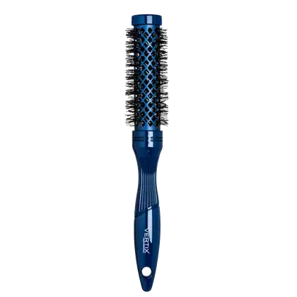 Escova de cabelo de cor azul escuro com design aveludado e padrão de grade. Rótulo com a marca "VERTIX" visível no corpo do produto.