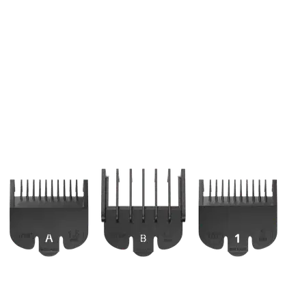 Conjunto de três pentes de corte de cabelo pretos com diferentes tamanhos de dentes, indicados pelos números 1/16", 1/8" e 3 mm impressos nos pentes.