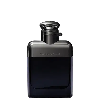 Frasco de perfume masculino Ralph's Club, com embalagem preta e detalhes em prata, apresentando o nome da marca em relevo.