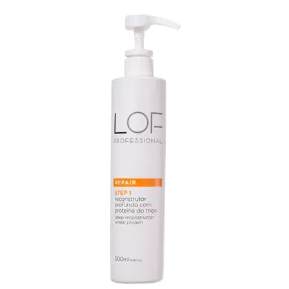 Frasco branco com bomba doseadora contendo produto de reconstrução capilar da marca LOF Professional, com rótulo indicando "Repair Step 1" e "Deep Reconstructor Wheat Protein", com capacidade de 500ml.