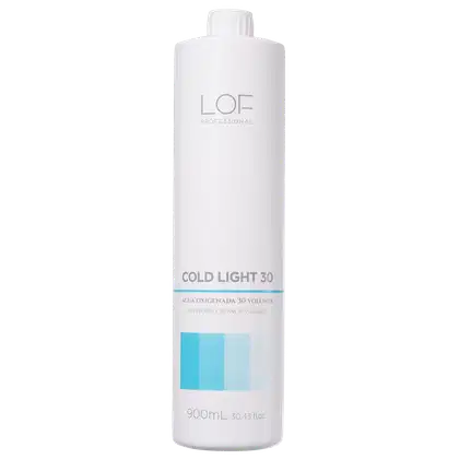 Frasco branco de produto profissional de beleza da marca LOF, com rótulo indicando "Cold Light 30" e informações sobre o conteúdo de 900 mL e 30 volumes de água oxigenada.