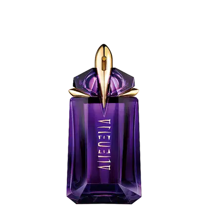 Frasco de perfume de vidro de cor roxa com tampa dourada em formato de foguete. O rótulo exibe o nome "Alien" em letras douradas.
