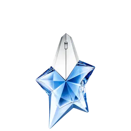 Frasco de perfume Mugler Angel em formato de estrela azul translúcida, com tampa prateada em formato pontudo. Embalagem minimalista e elegante, destacando o design icônico da fragrância.