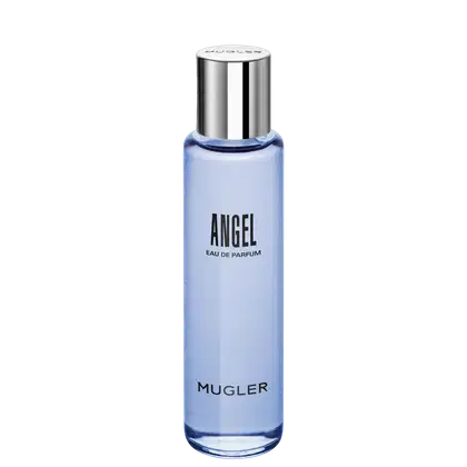 Frasco de perfume Mugler Angel, com design elegante e minimalista em tons de azul claro e prata. O rótulo destaca o nome da fragrância em letras pretas.