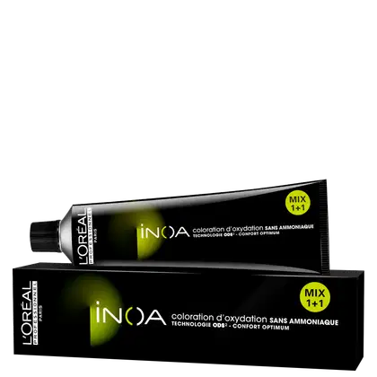 Caixa e tubo de tinta de cabelo da marca Inoa, com embalagem preta e detalhes em amarelo. 