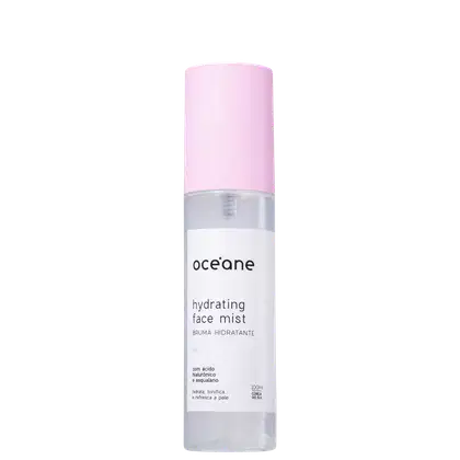 Frasco cilíndrico transparente com rótulo branco e tampa rosa.