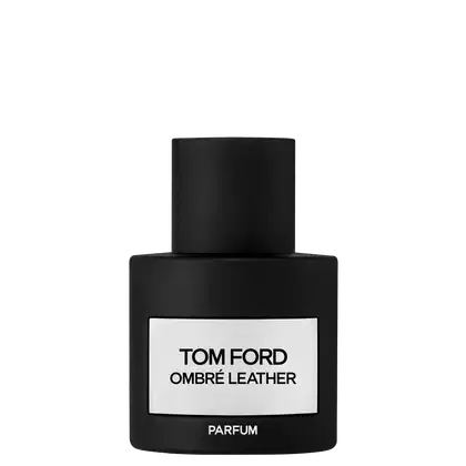 Frasco de perfume preto fosco da marca Tom Ford, com rótulo branco destacando o nome "Ombre Leather" e a palavra "Parfum". O design é minimalista e elegante, com uma tampa preta cilíndrica.