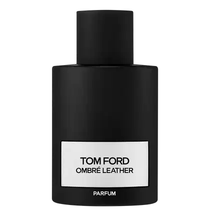 Frasco de perfume preto fosco da marca Tom Ford, com rótulo branco destacando o nome "Ombre Leather" e a palavra "Parfum". O design é minimalista e elegante, com uma tampa preta cilíndrica.